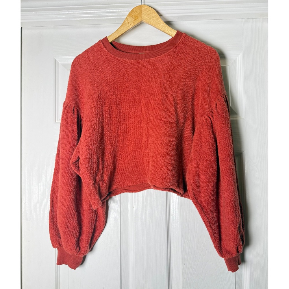 Free People Sweatshirt Women XS Red Terry Cloth Balloon Sleeve Cropped Pullover